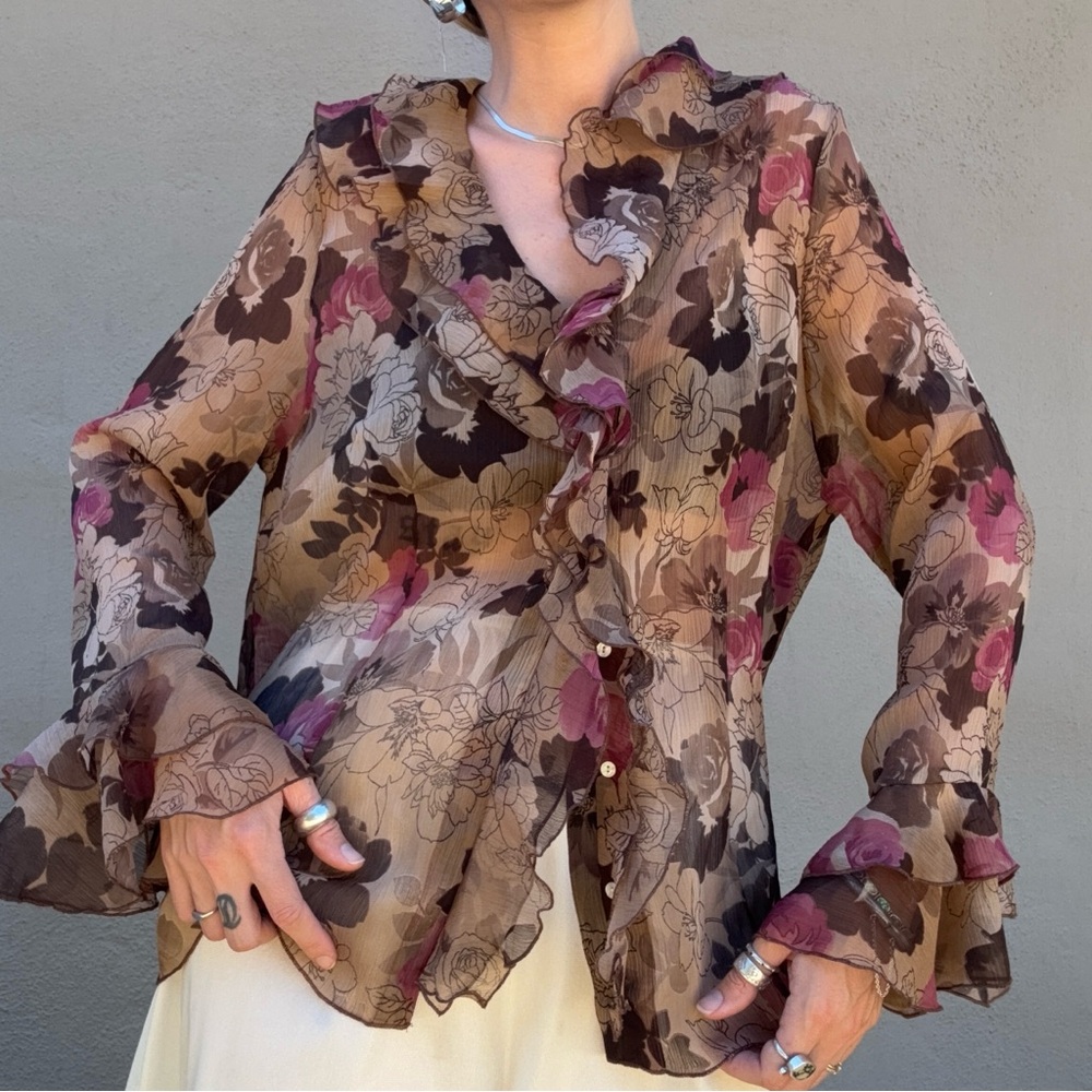 Vintage Floral Ruffle Sheer Blouse